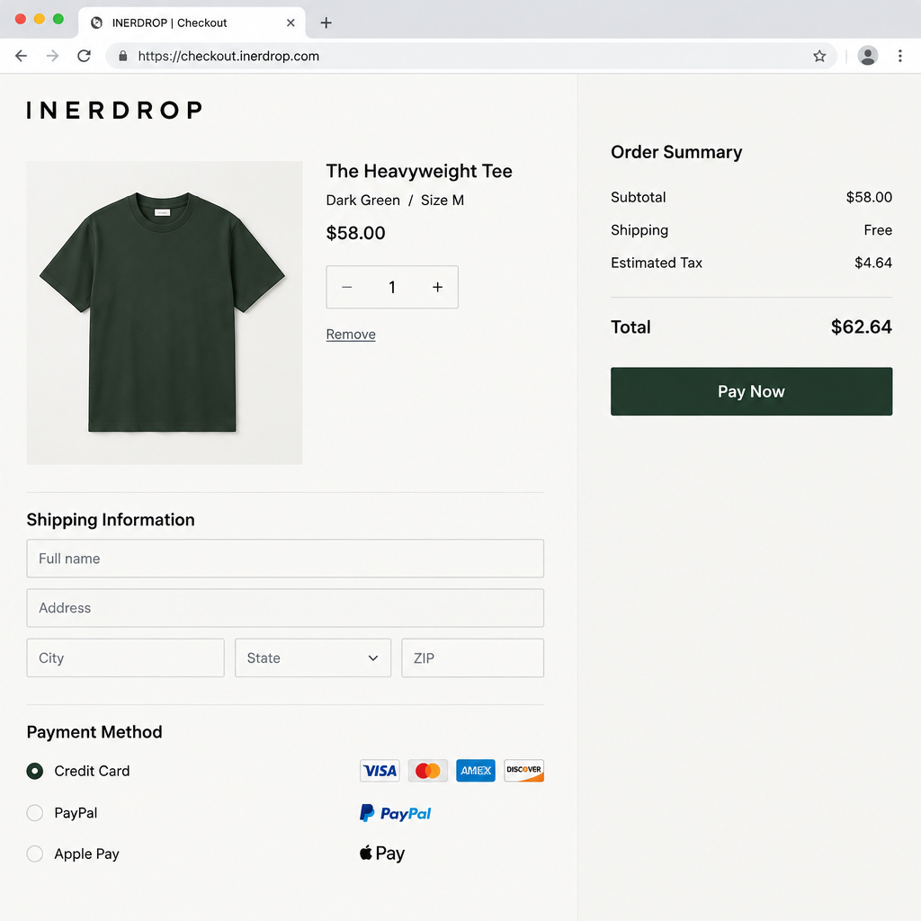 InerDrop checkout finishing a t-shirt order